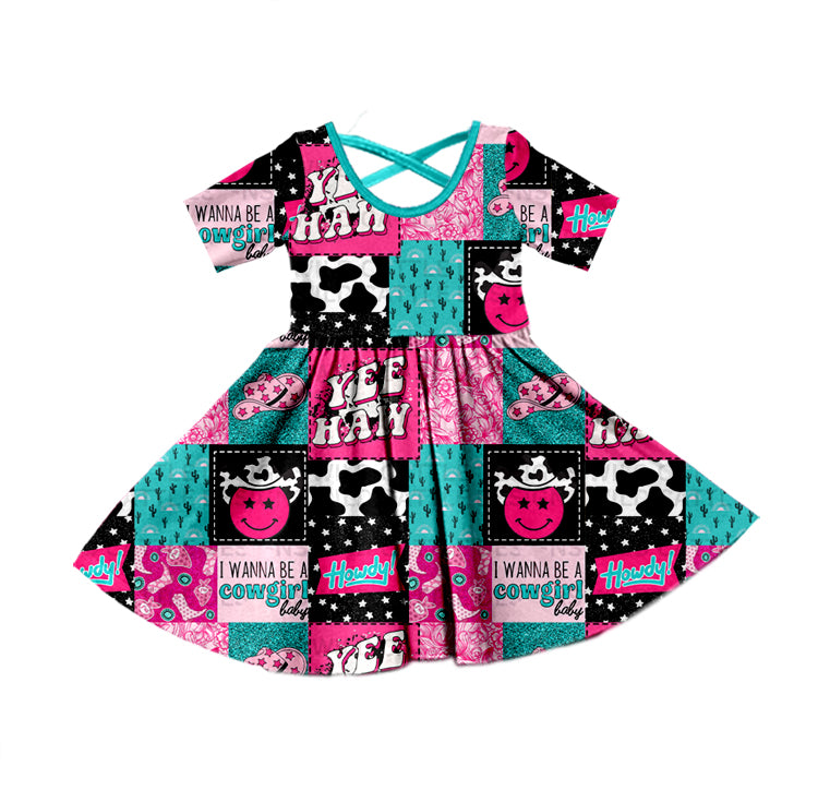 I wanna be a cowgirl short sleeves patchwork girls dresses