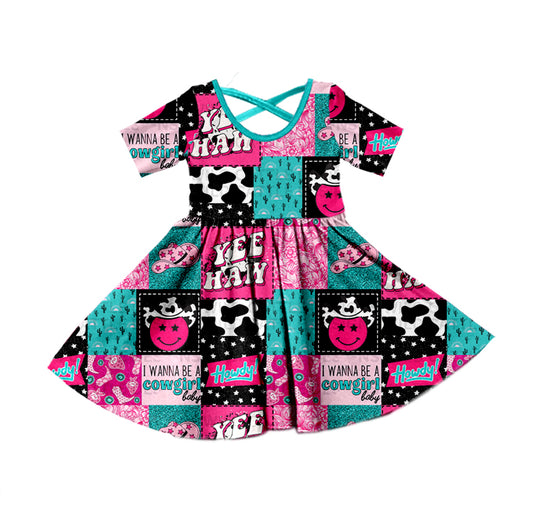 I wanna be a cowgirl short sleeves patchwork girls dresses