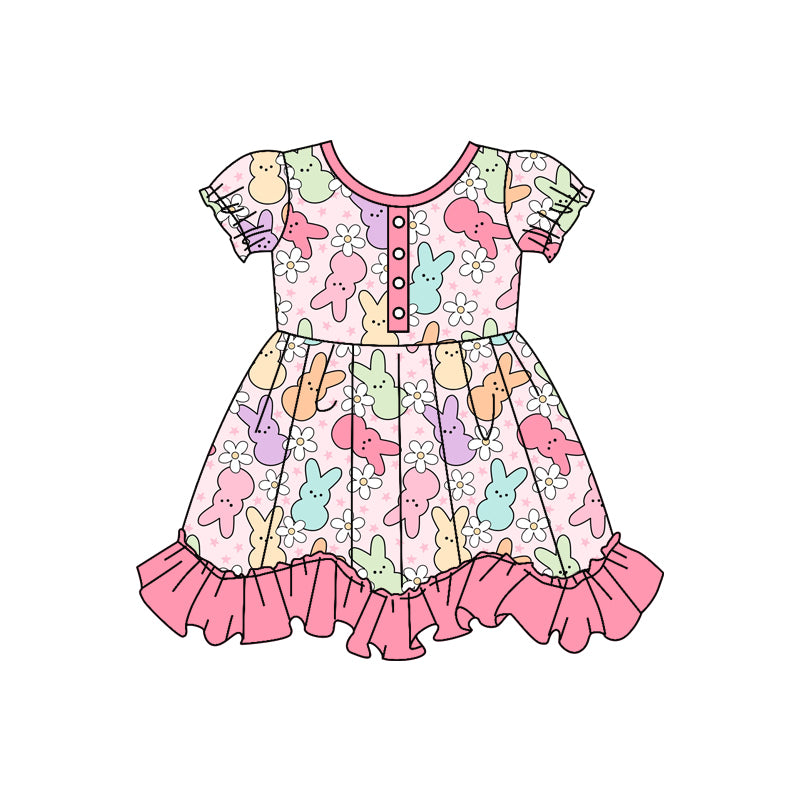 Short sleeves bunny floral baby girls easter dresses