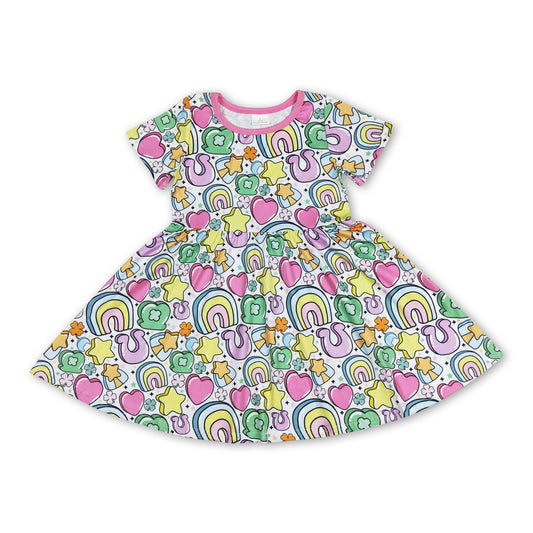 Short sleeves rainbow clover girls st patrick's day dress