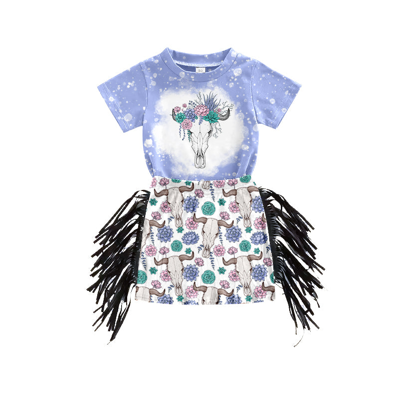 Lavender floral bull skull top tassels skirt girls outfits