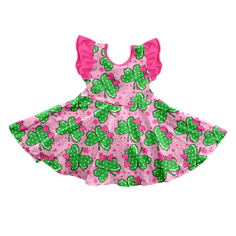 Flutter sleeves clover bow girls st patrick's day dress