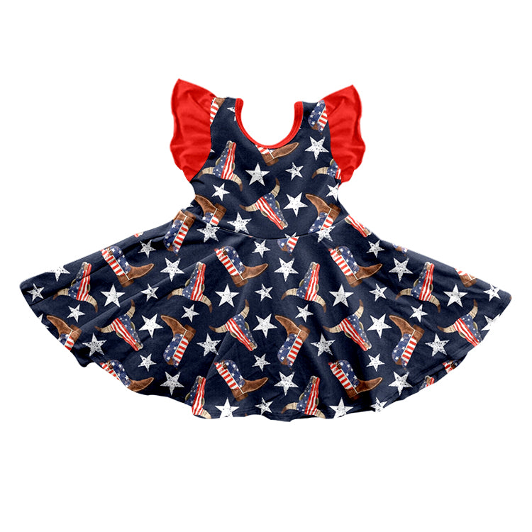 Flutter sleeves boots bull skull star girls 4th of july dress