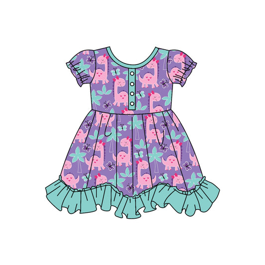 Short sleeves dinosaur ruffle baby girls dresses