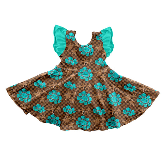 Flutter sleeves turquoise plaid girls twirl dresses