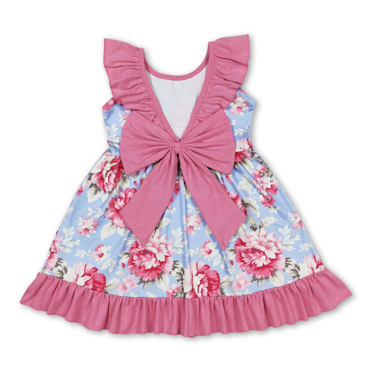 Ruffle bow backless floral baby girls dresses