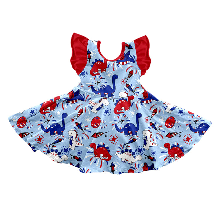 Flutter sleeves red blue dinosaur girls 4th of july dress