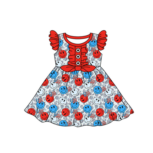 Flutter sleeves leopard smile bow kids girls 4th of july dress