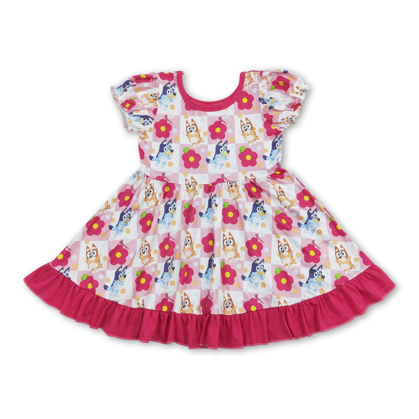 Short sleeves dog flower ruffle baby girls dresses