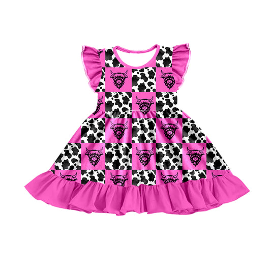 Hot pink flutter sleeves highland cow girls dresses