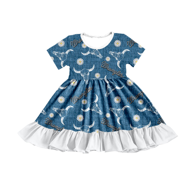 Short sleeves bull skull daisy ruffle baby girls dresses