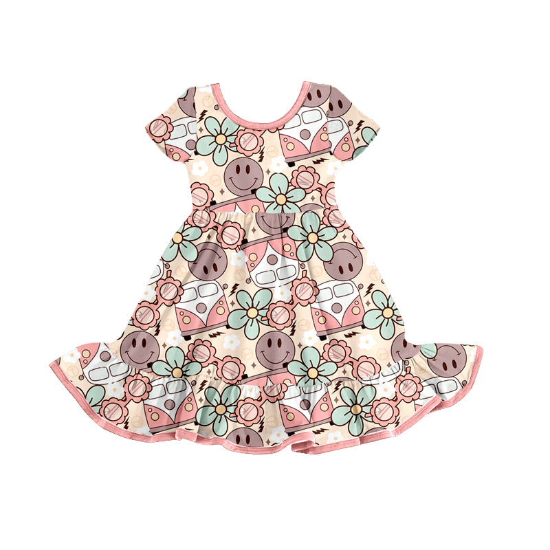 Short sleeves smile glasses floral baby girls summer dress