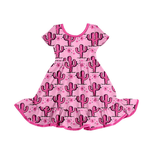 Short sleeves pink cactus baby girls summer dress