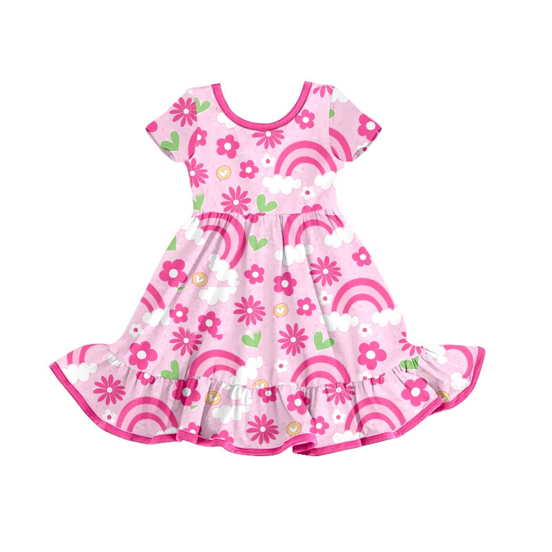 Short sleeves pink rainbow floral baby girls dresses