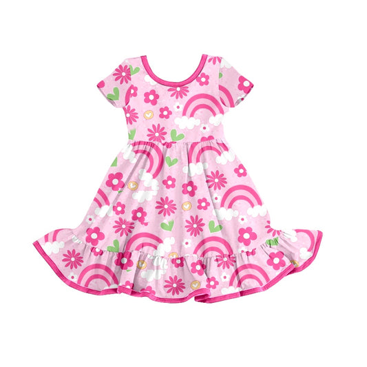 Short sleeves pink rainbow floral baby girls dresses