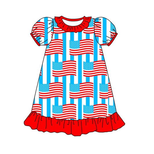 Short sleeves flag ruffle girls 4th of july night gown