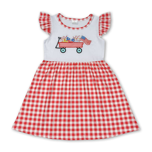 Red plaid flutter sleeves flag girls patriotic dresses