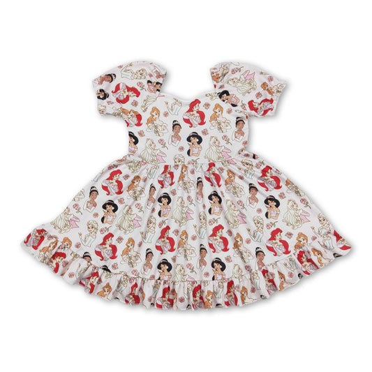 Short sleeves princess floral ruffle girls dress