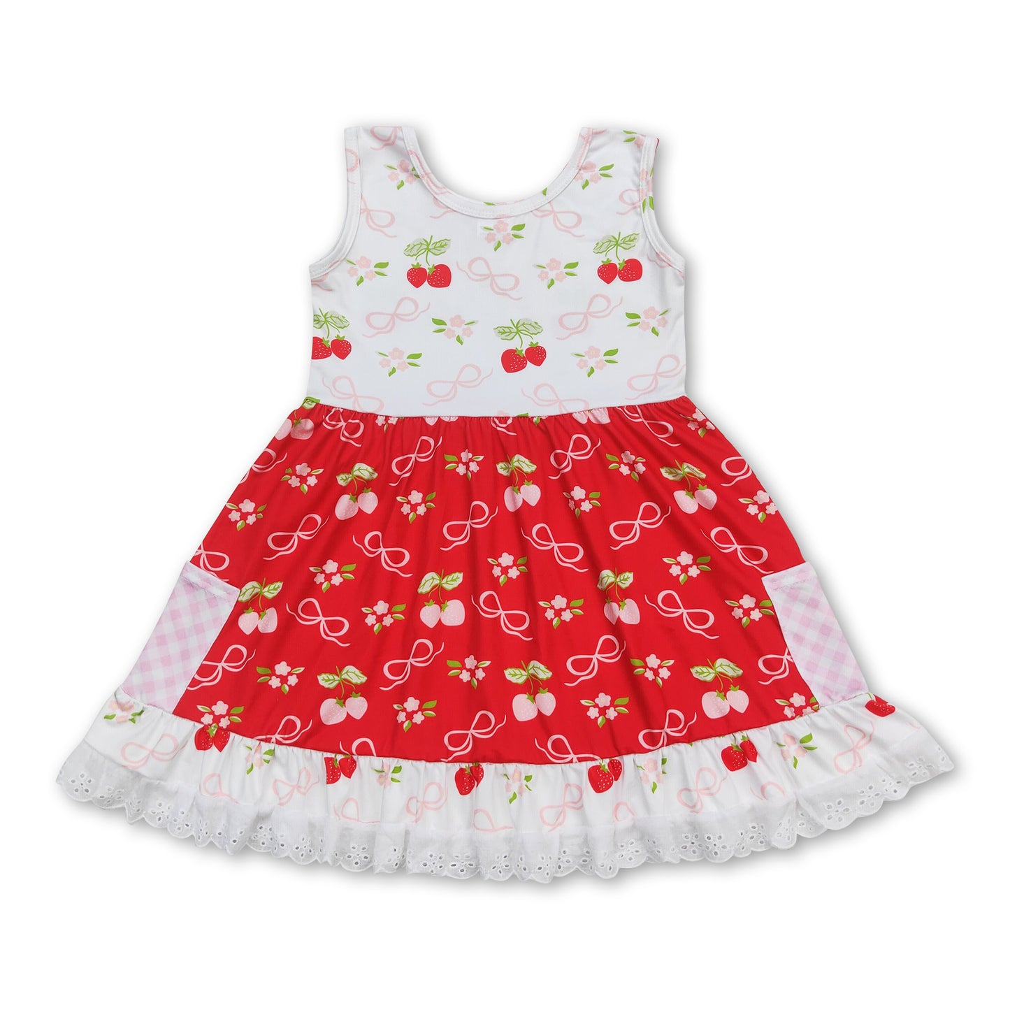 Red bow strawberry ruffle baby girls dresses