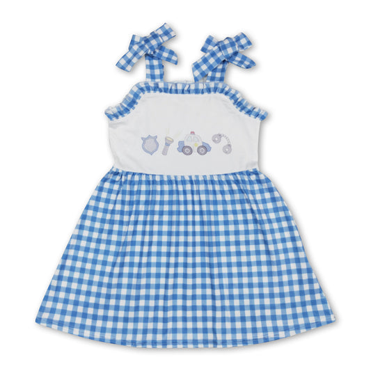 Blue plaid straps police car girls summer dresses