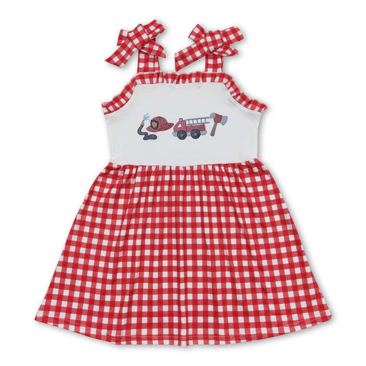 Red plaid straps fire truck girls summer dresses