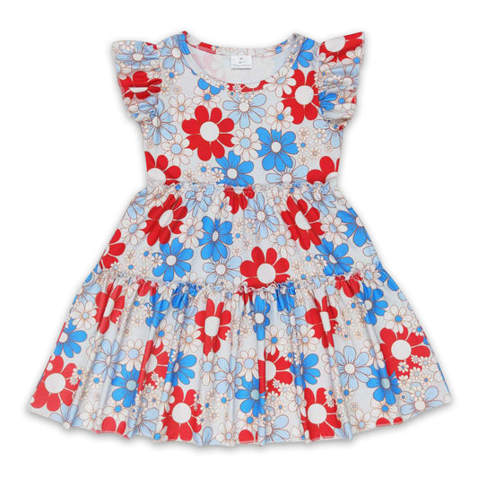 Flutter sleeves blue red flower girls 4th of july dresses