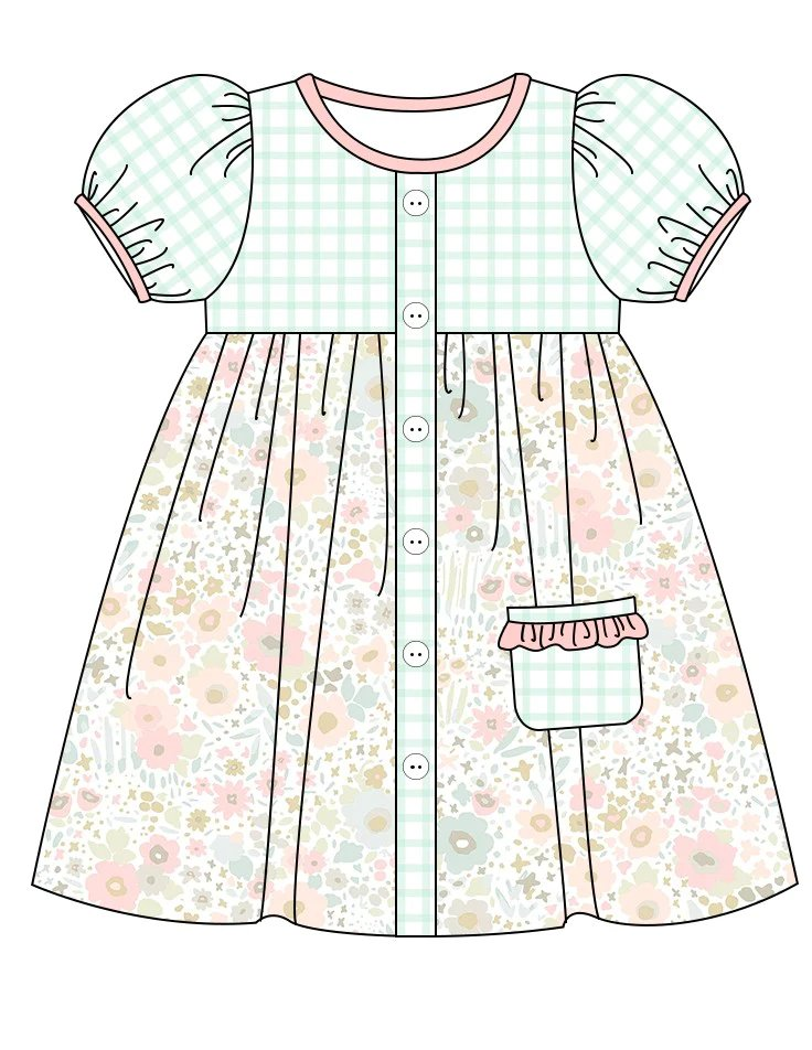 Plaid short sleeves floral pocket kids girls dresses