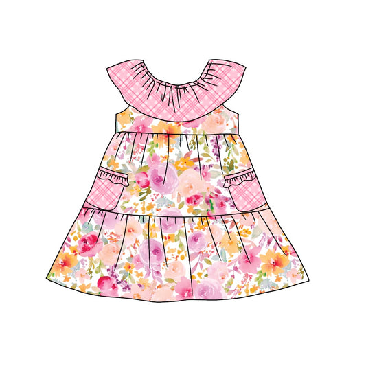 Plaid pocket floral baby girls summer dresses