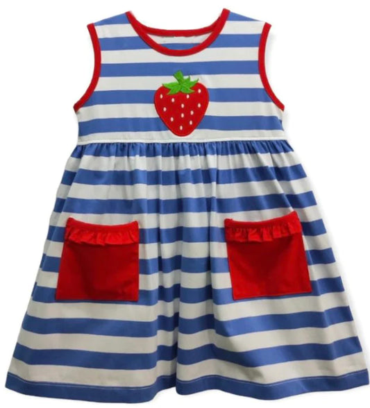 Stripe strawberry pockets baby girls dresses