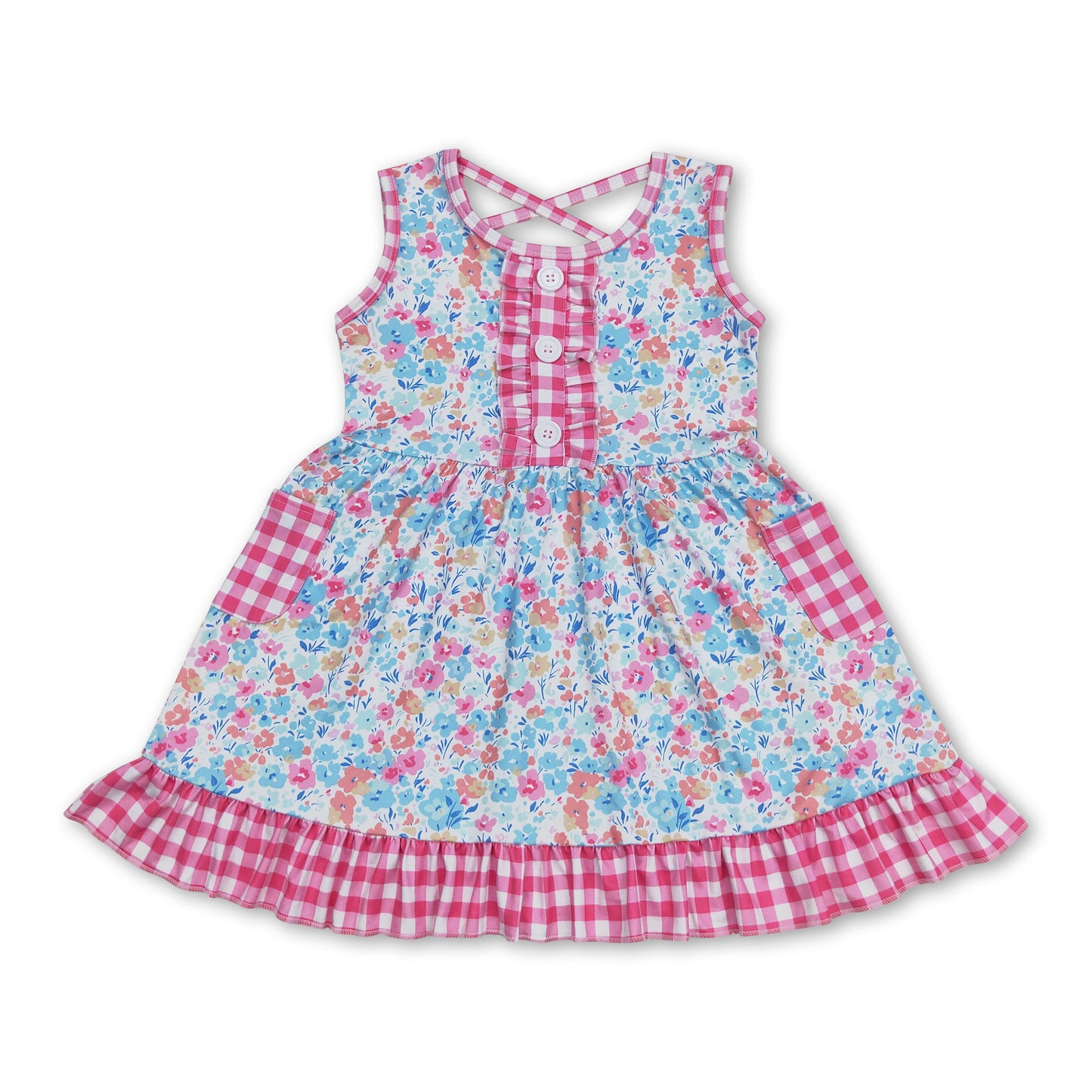 Sleeveless floral plaid ruffle girls summer dress