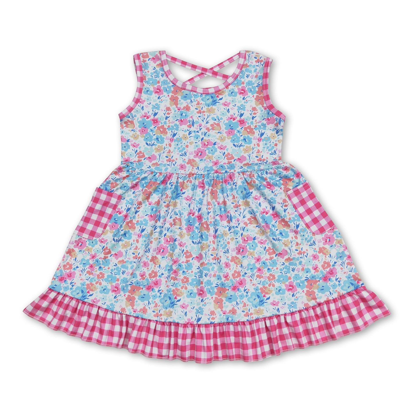 Sleeveless floral plaid ruffle girls summer dress