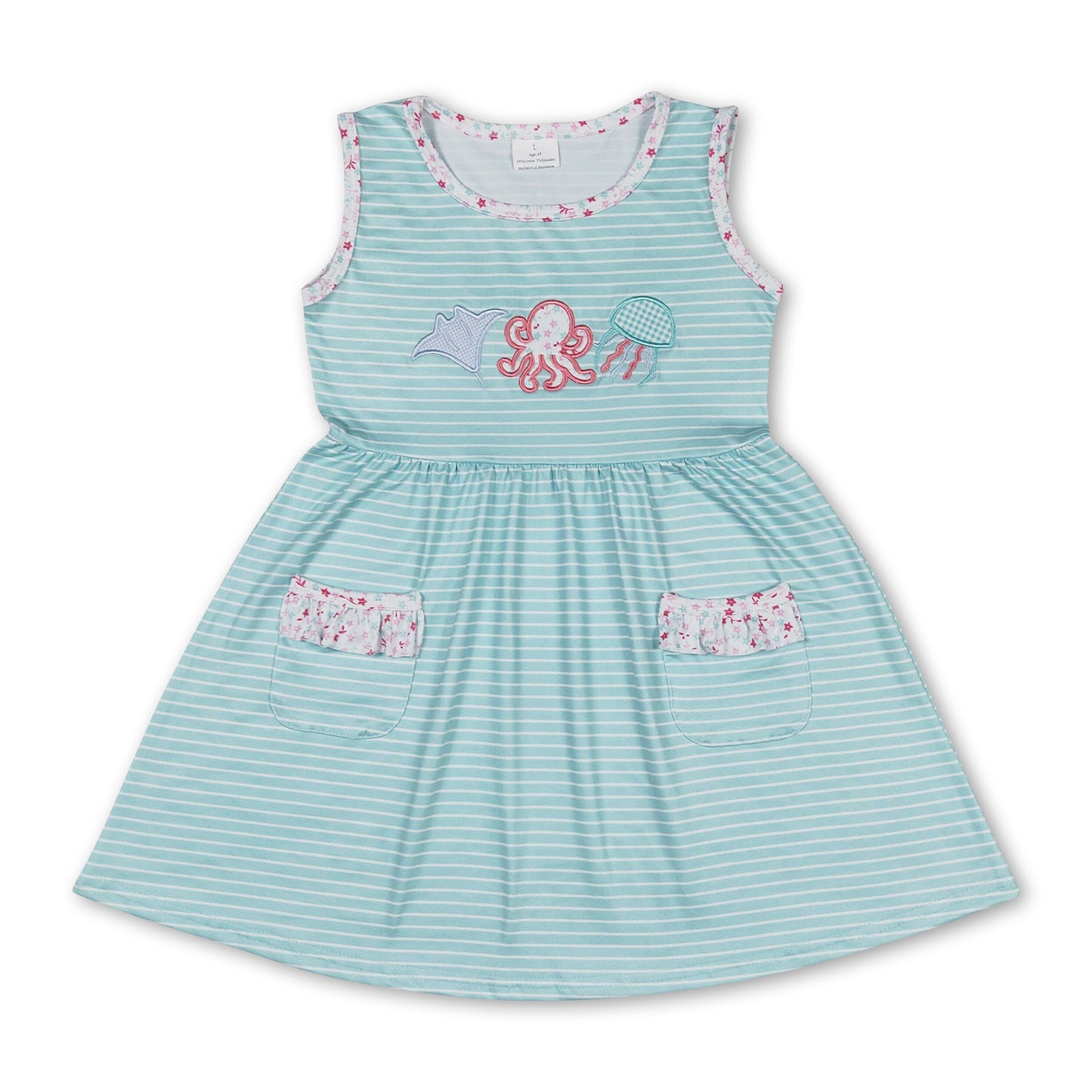 Sleeveless stripe pockets octopus baby girls summer dress