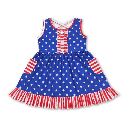 Sleeveless stripe stars pockets girls 4th of july dresses