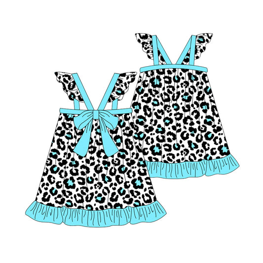 Blue flutter sleeves leopard baby girls dresses