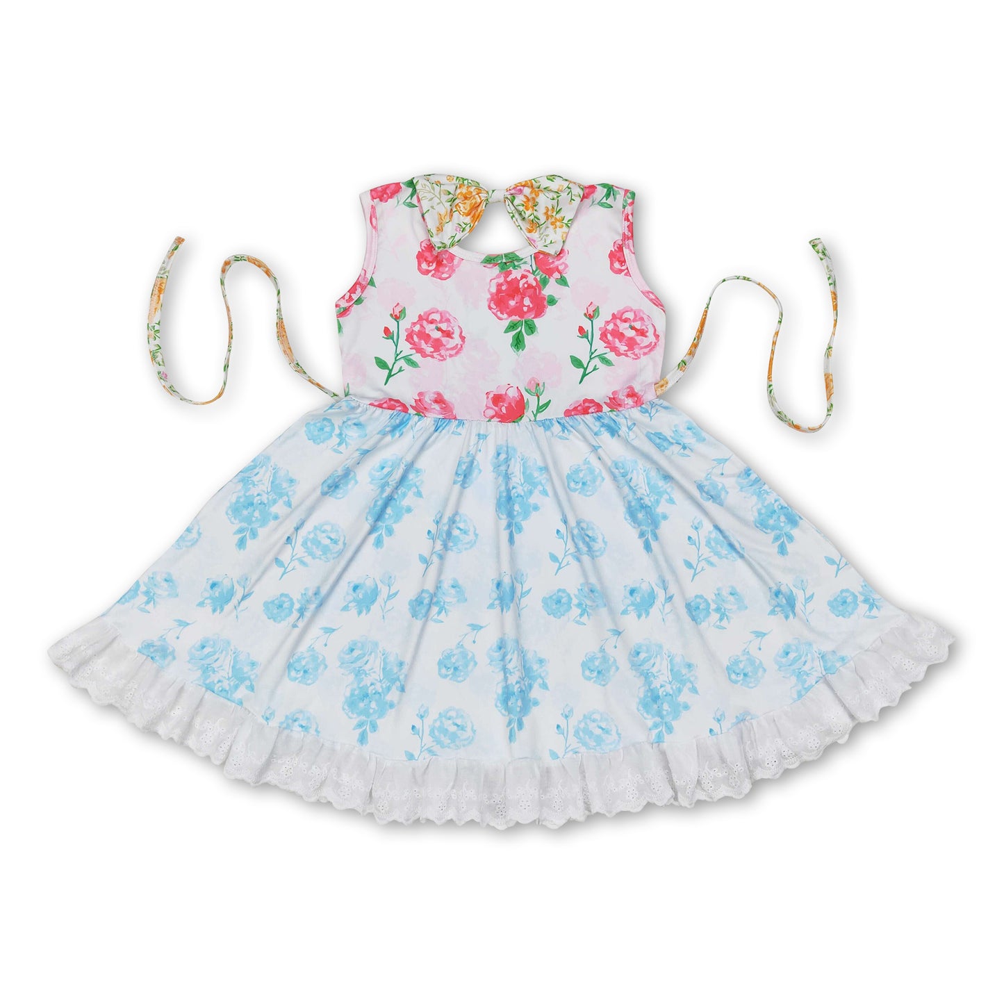 Sleeveless blue pink floral girls dresses