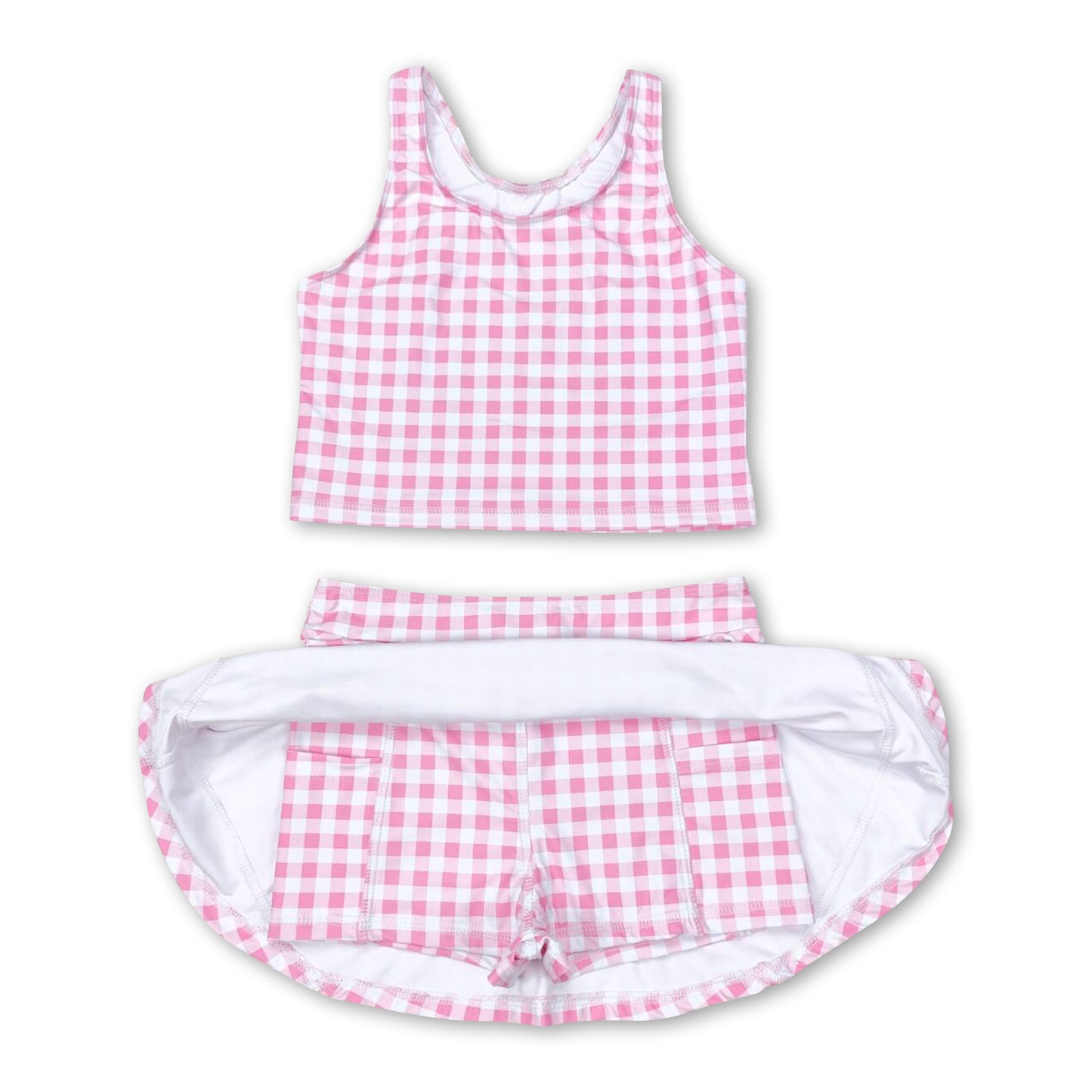 Sleeveless pink plaid top skirt girls summer clothes