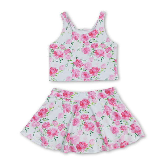 Sleeveless pink flower top skirt girls summer clothes