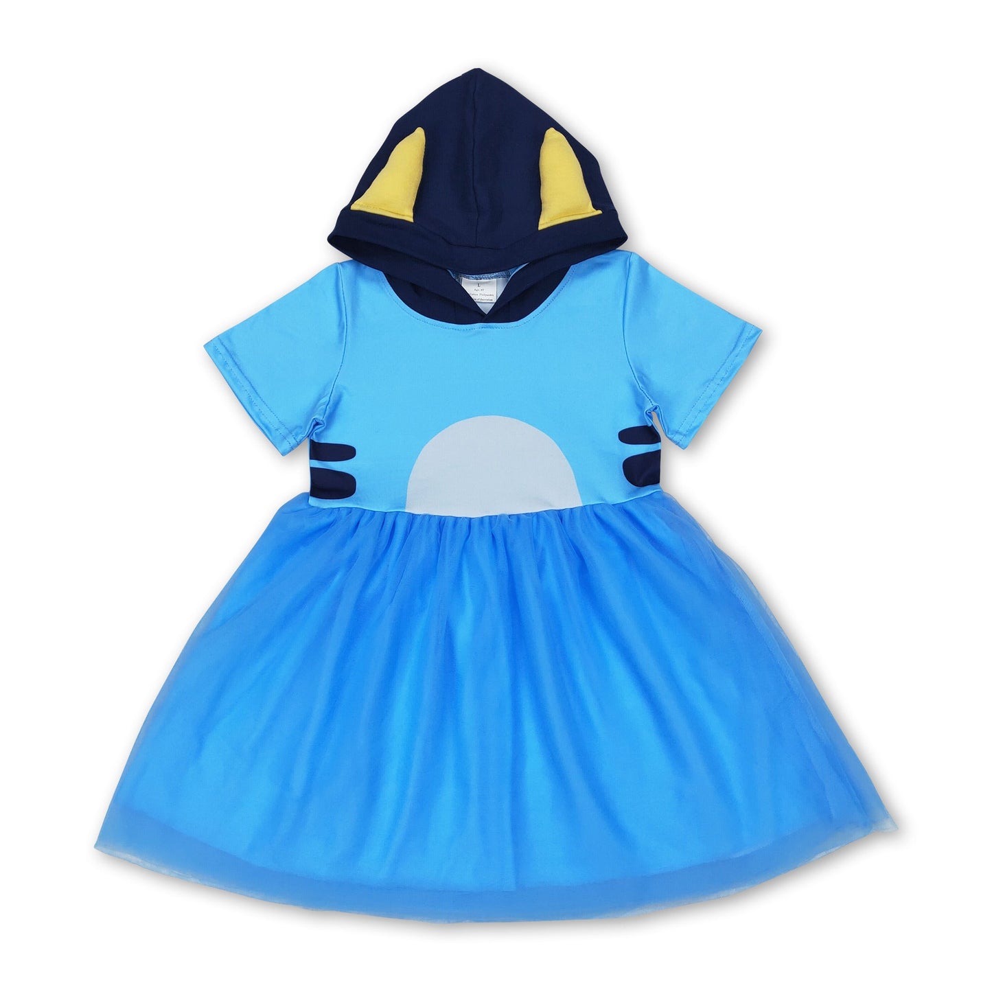 Short sleeves blue dog tulle girls hooded dress