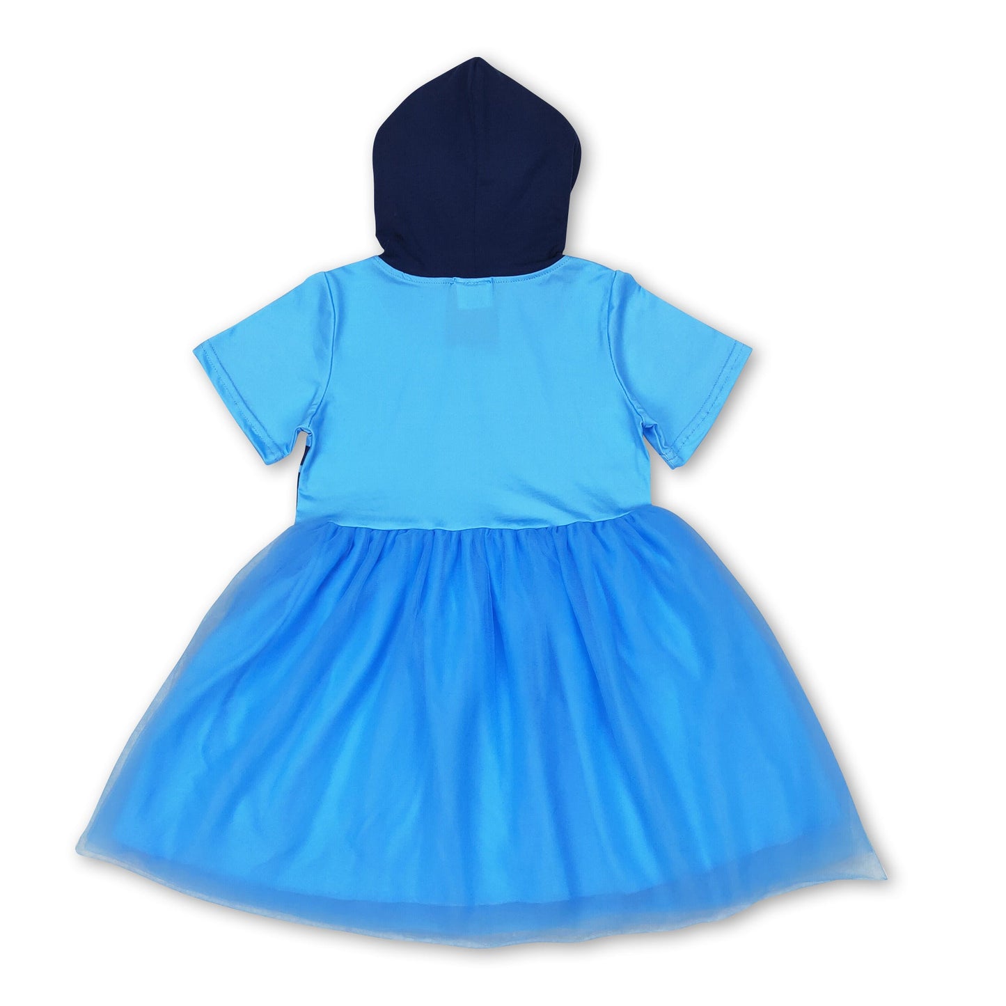 Short sleeves blue dog tulle girls hooded dress