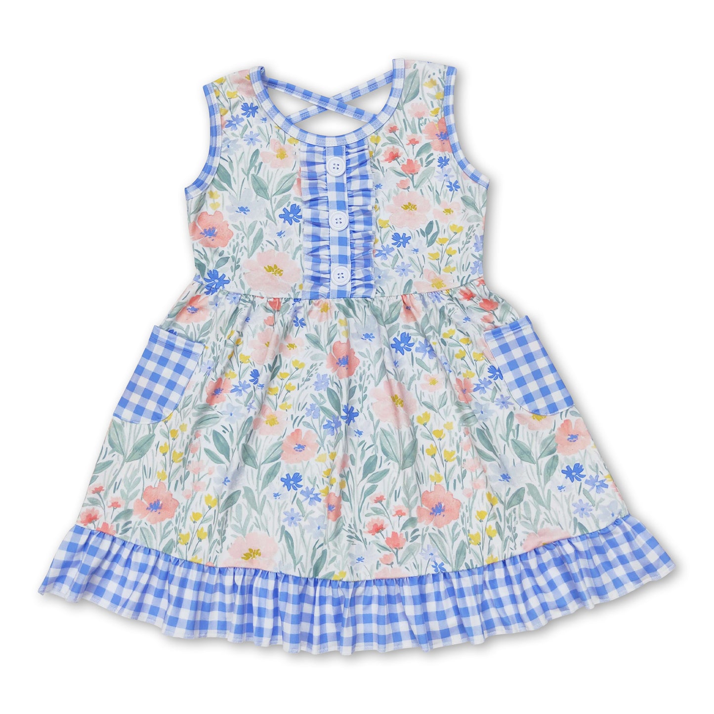 Sleeveless blue plaid pockets floral girls dresses