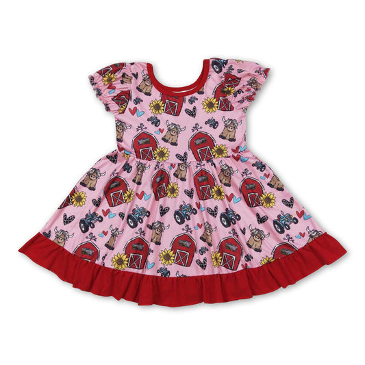 Short sleeves cows sunflower farm girls dresses