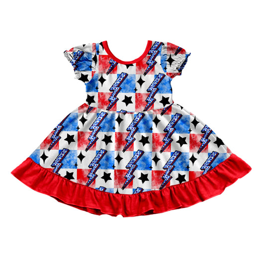 Red blue plaid thunder stars girls 4th of july dresses