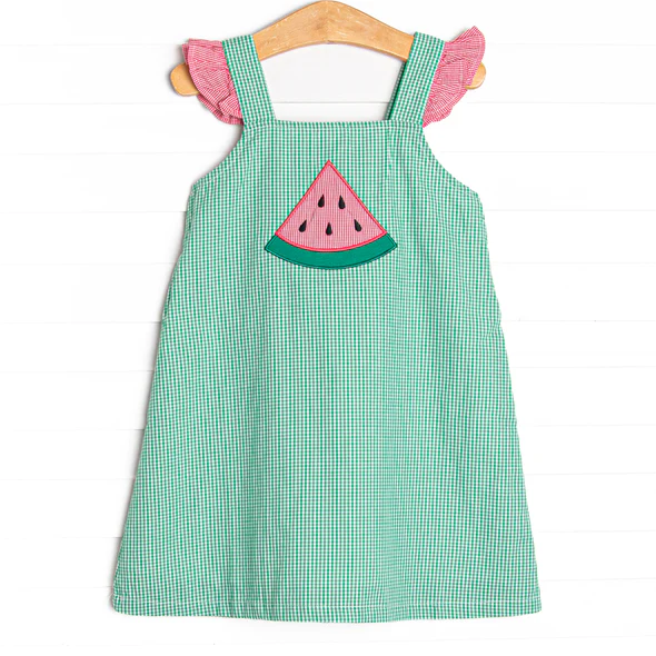 Flutter sleeves green plaid watermelon girls summer dress