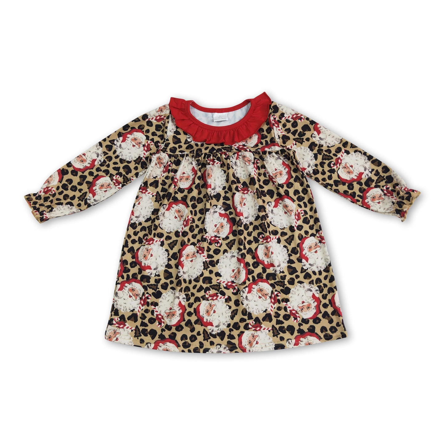 Long sleeves red ruffle leopard santa girls Christmas dress