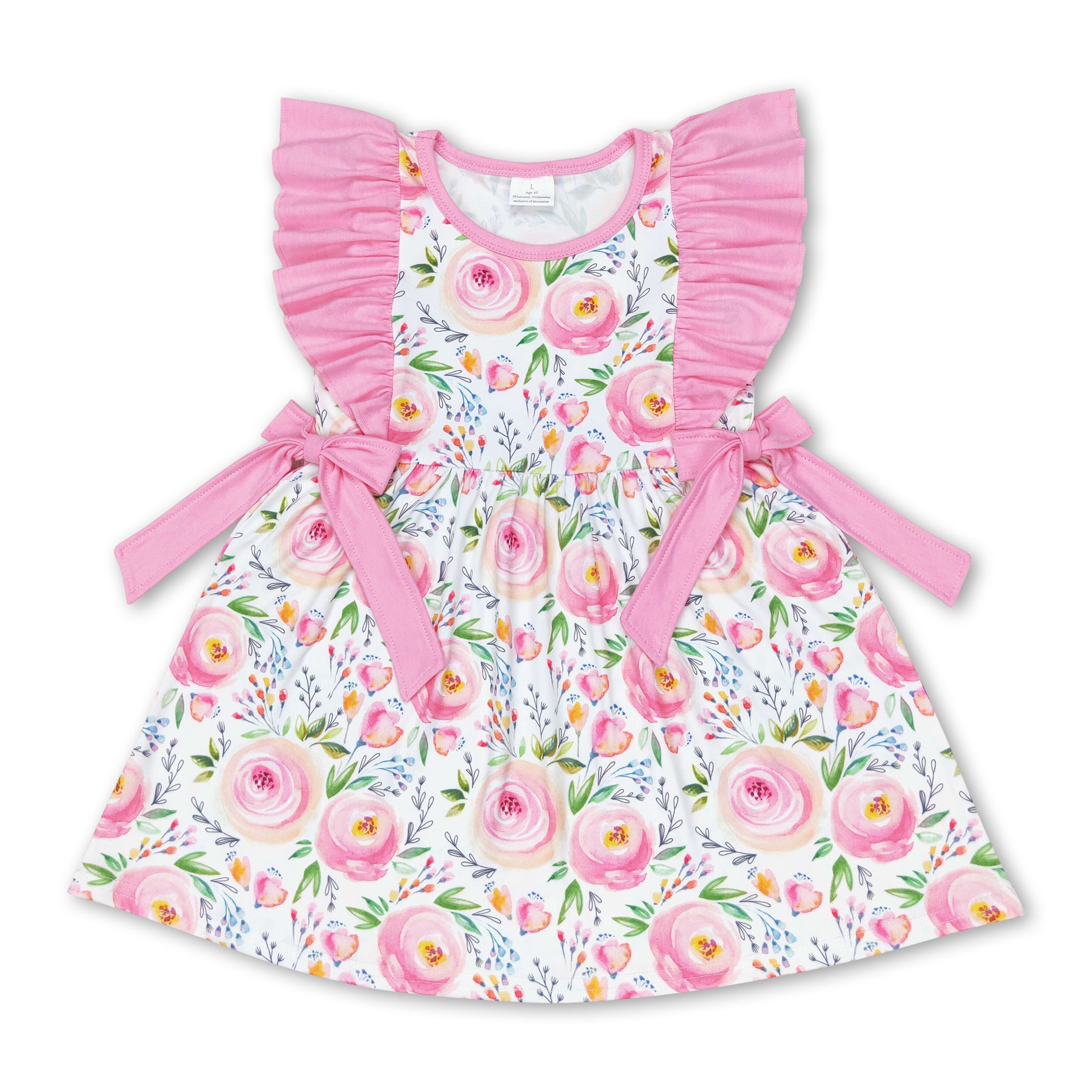 Pink ruffle sleeves floral kids girls spring dress – Western Kids Clothes