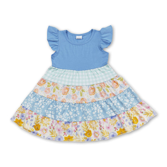 Flutter sleeves blue floral patchwork baby girls spring dress