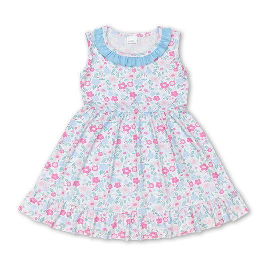 Light blue ruffle sleeveless floral girls summer dress