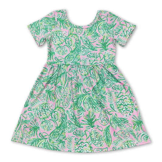 Short sleeves green watercolor girls summer dress