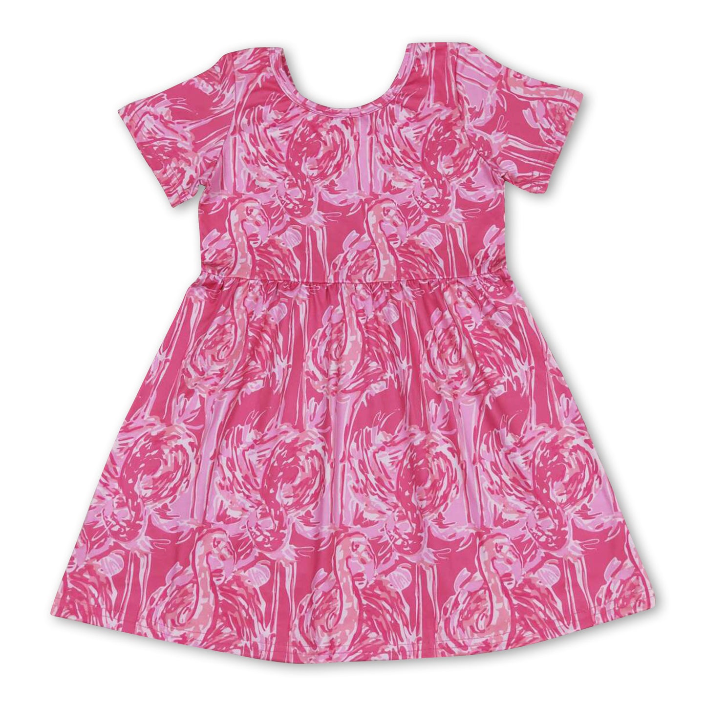 Short sleeves hot pink watercolor flamingo girls summer dress