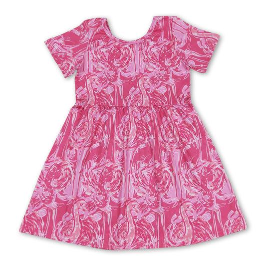 Short sleeves hot pink watercolor flamingo girls summer dress